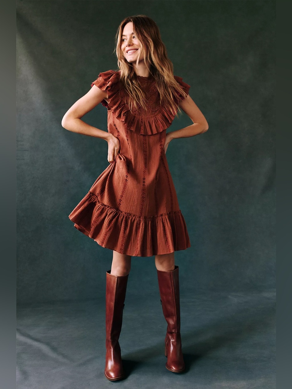 NWT Anthropologie Othilia Embroidered Lace Ruffled Mini Dress Rust Red Brown S